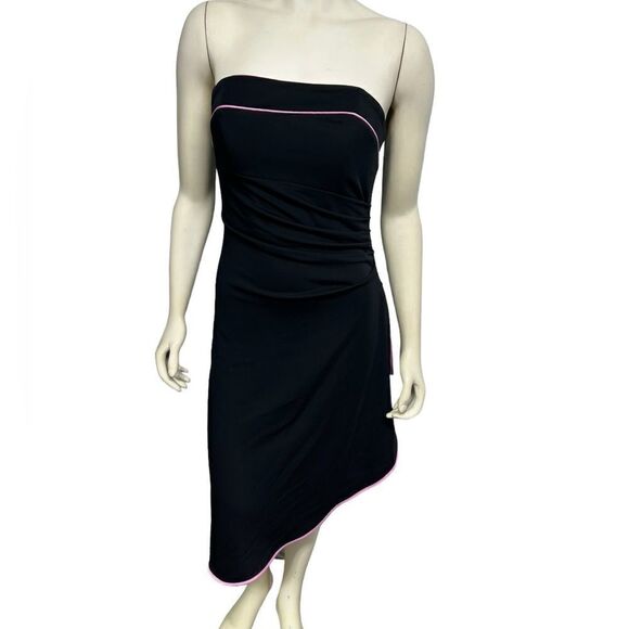 90’s Vintage Betsy and Adam Black Strapless Dress Pink Accent Asymmetrical Knee - Picture 3 of 10
